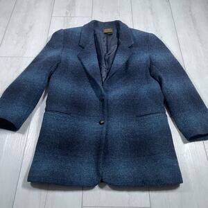 Eddie Bauer Women's Blue Plaid Two Butlton Wool Blazer Size M Vintage 90s